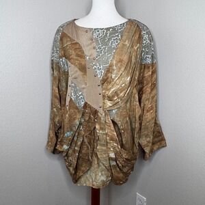 VTG MON-LIZE 80s Tunic Top MED/LG Mixed‎ Media Made France Brown Artsy Lagenlook